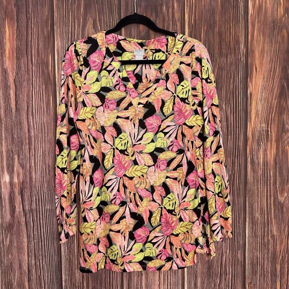 Chico’s Size 1 Colorful 100% Linen Tropical Leaf Print Pullover Knit Top Medium - Picture 2 of 7